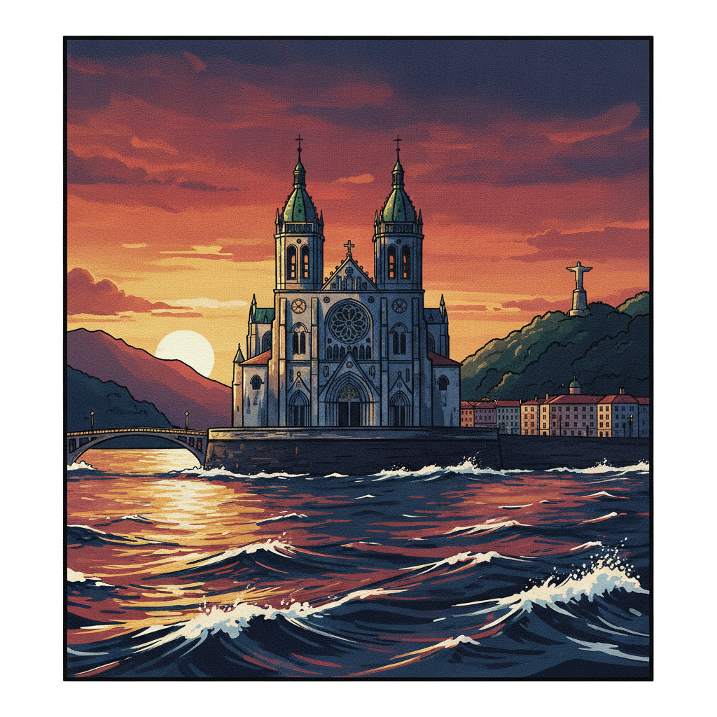 San Sebastian Donostia bahia con catedral