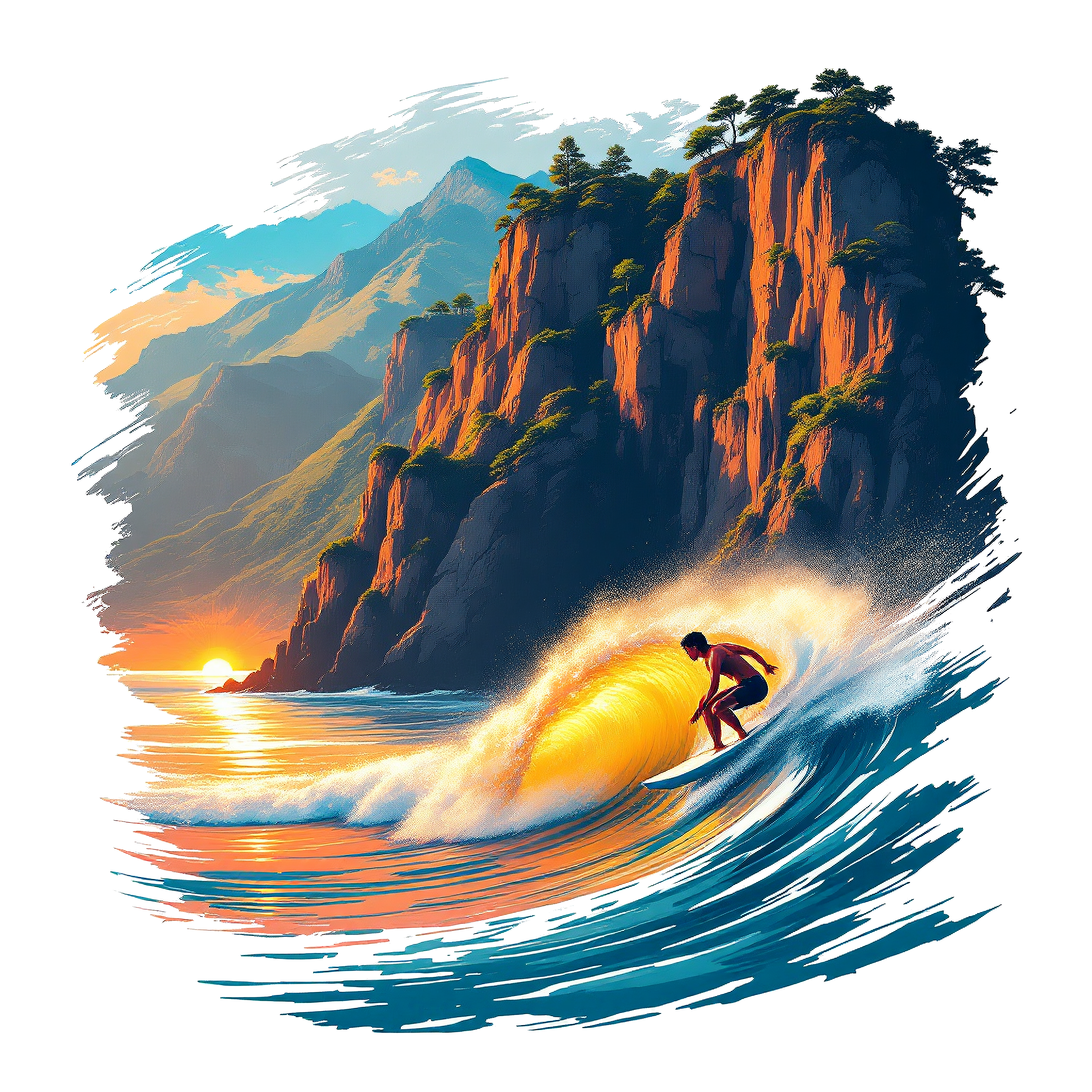 Basque Coast Sunset Surfer | Vibrant Ocean Wave Art