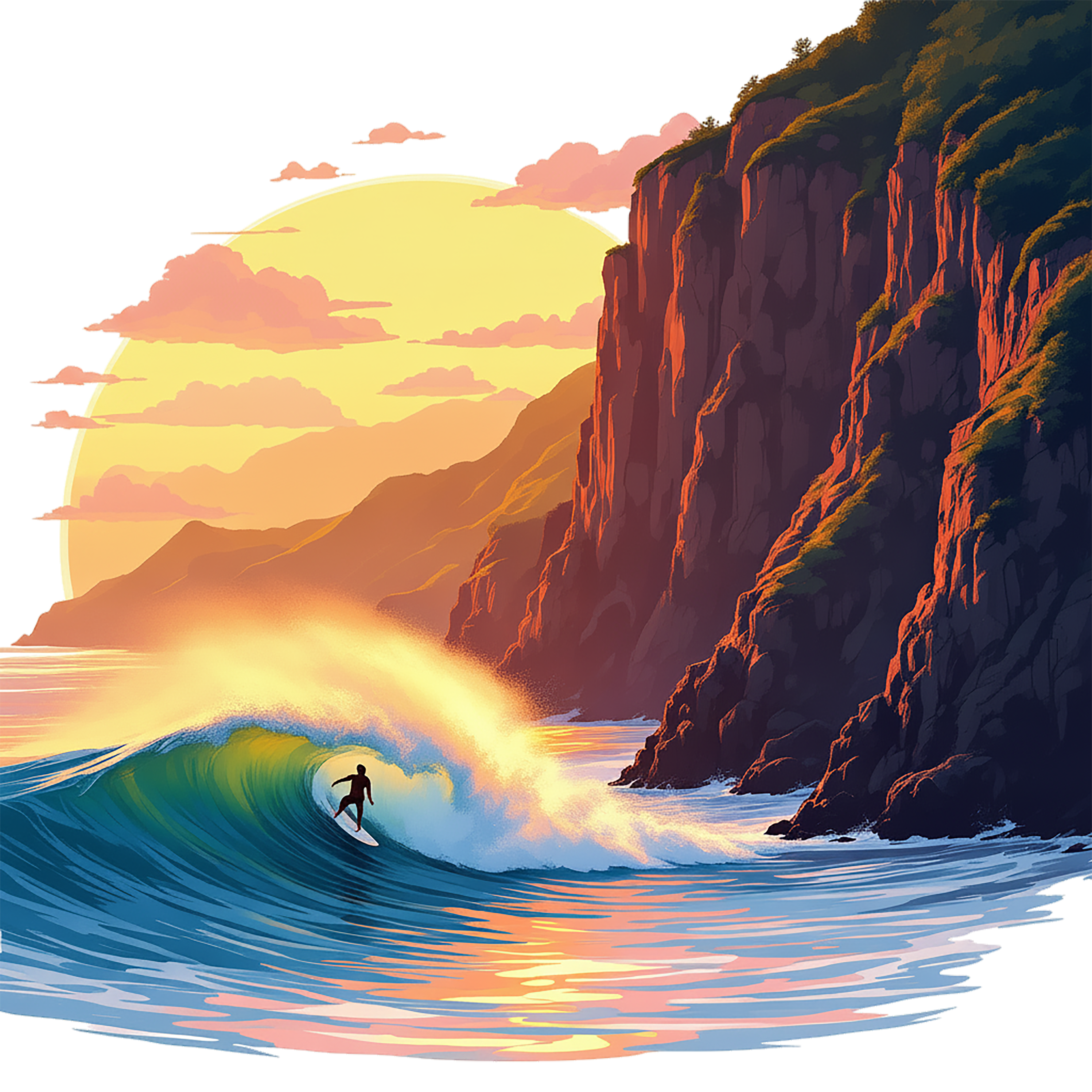 Surfer on Wave at Sunset - Vibrant Basque Coast Design